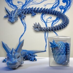 Blue Silver Articulated 3D Printed Dragon Figure with Dragon Egg Christmas Gift